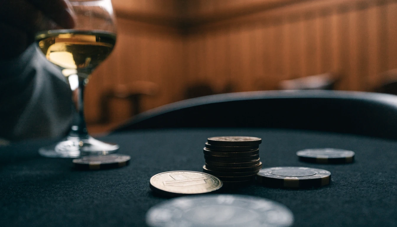 Norsk 10-krone mynt og casinokjetonger på filtbord