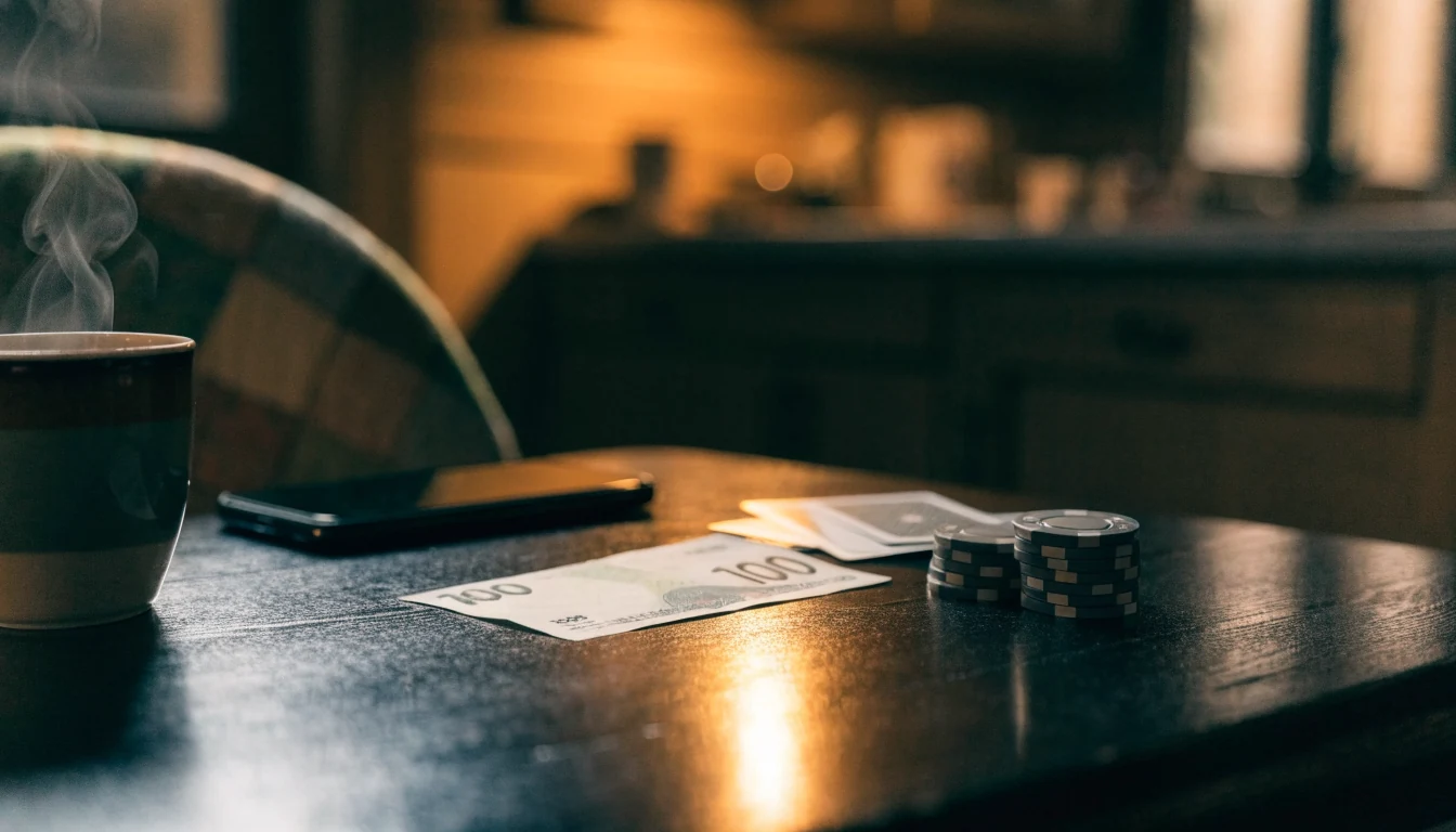 En hundrekroneseddel ved siden av casinobrikker og kort på et mørkt trebord i en norsk hytte