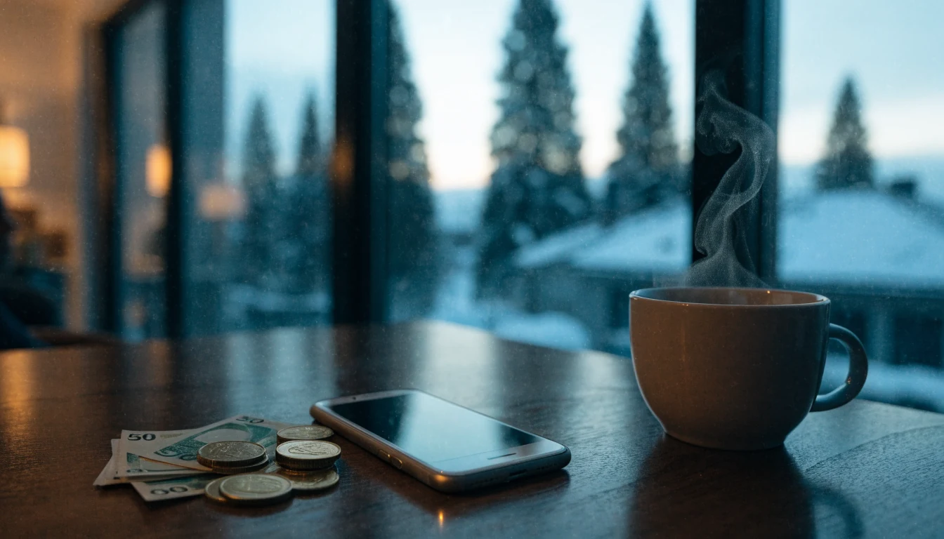 Norske 50-kroners mynter og sedler på et bord ved siden av en kaffekopp