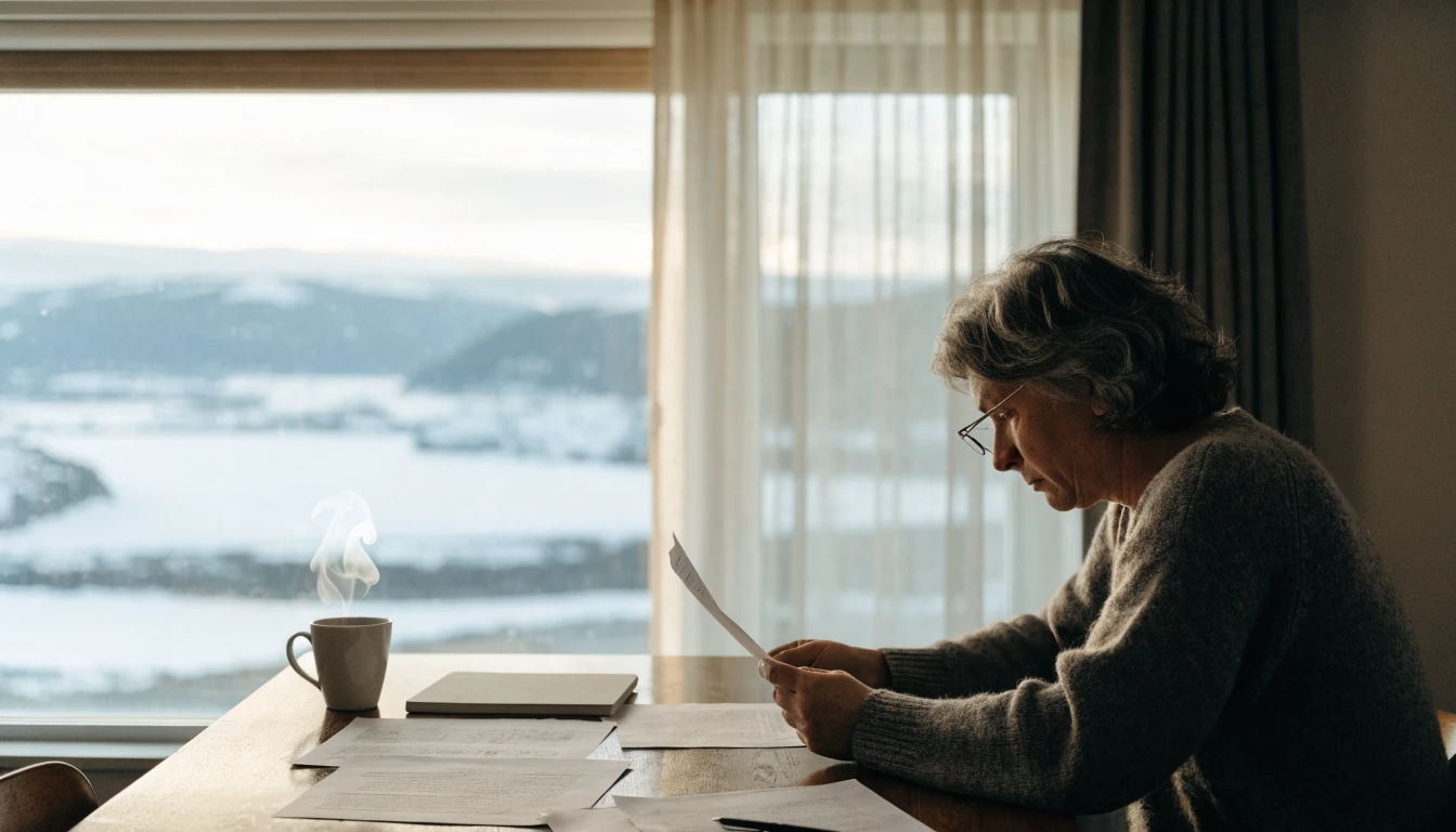 Person ved skrivebordet hjemme, leser dokumenter med kaffekopp ved siden av
