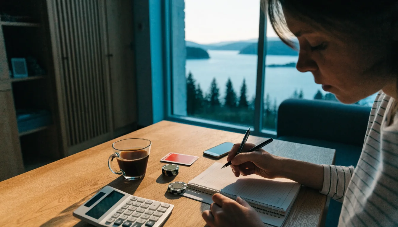 Person som regner på casinobonus ved et bord i en moderne norsk leilighet