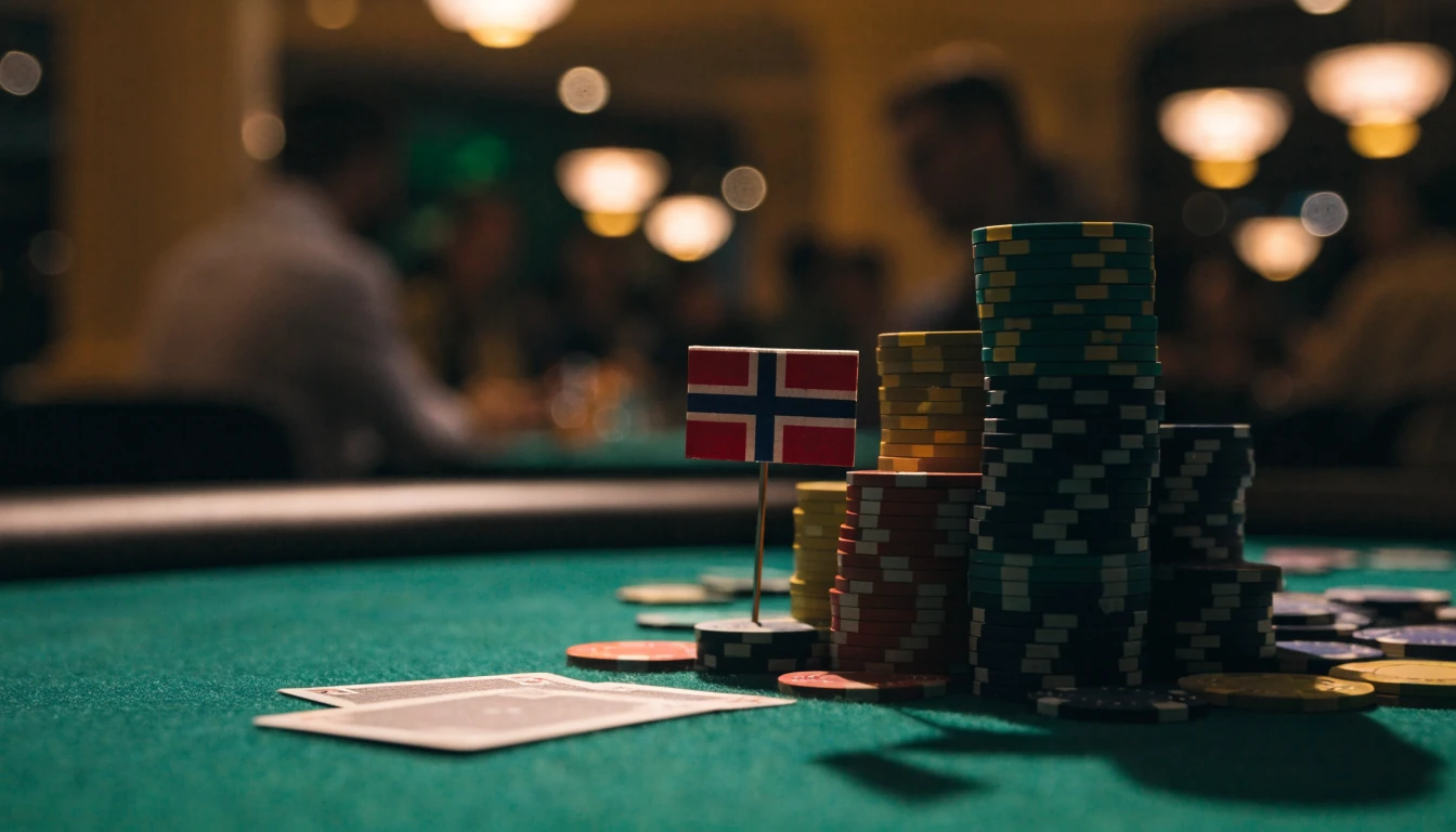 Elegant blackjack-bord med jetonger og kort i et casino