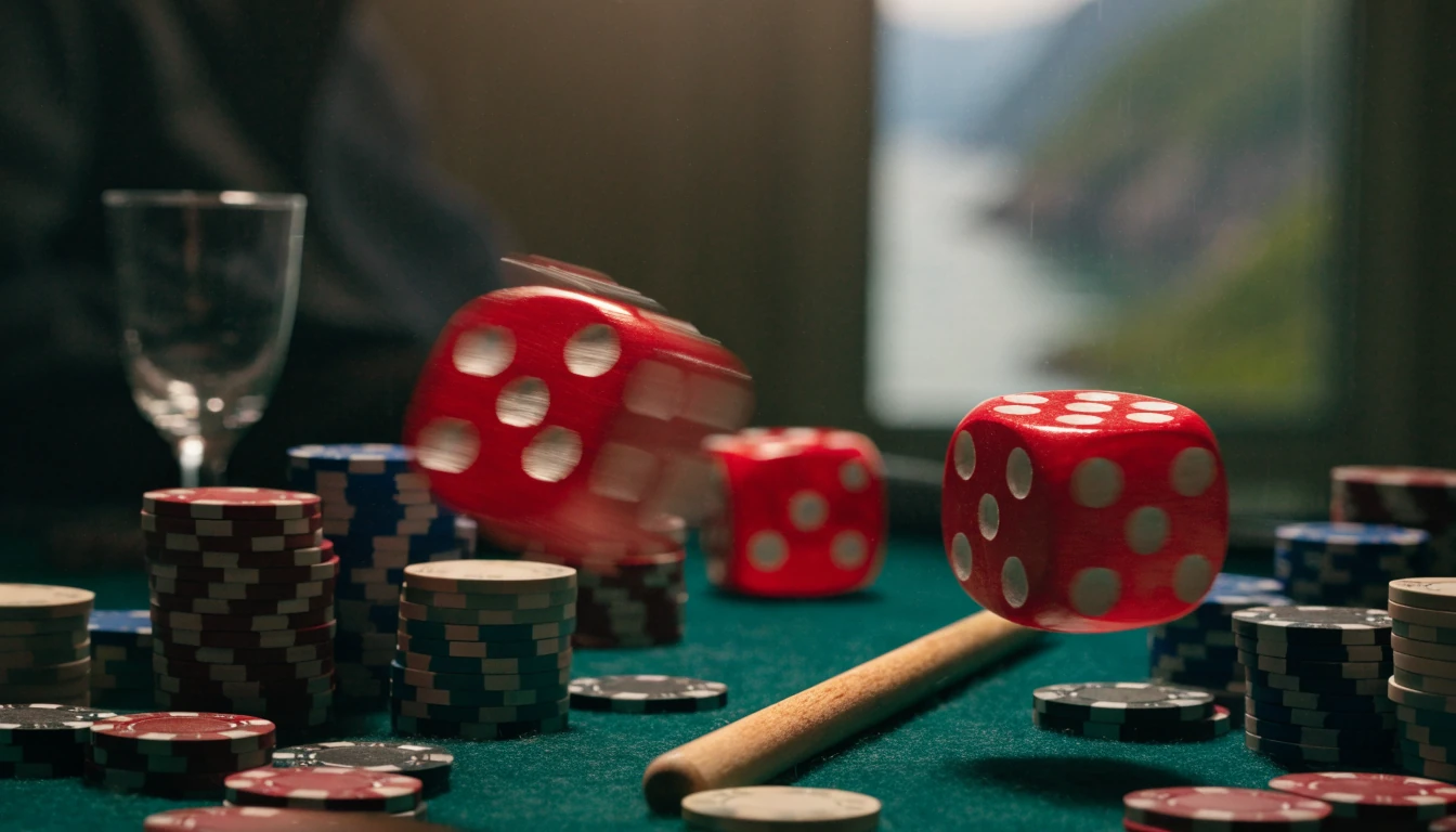 Røde terninger og jetonger på et casinobord med norsk fjord i bakgrunnen