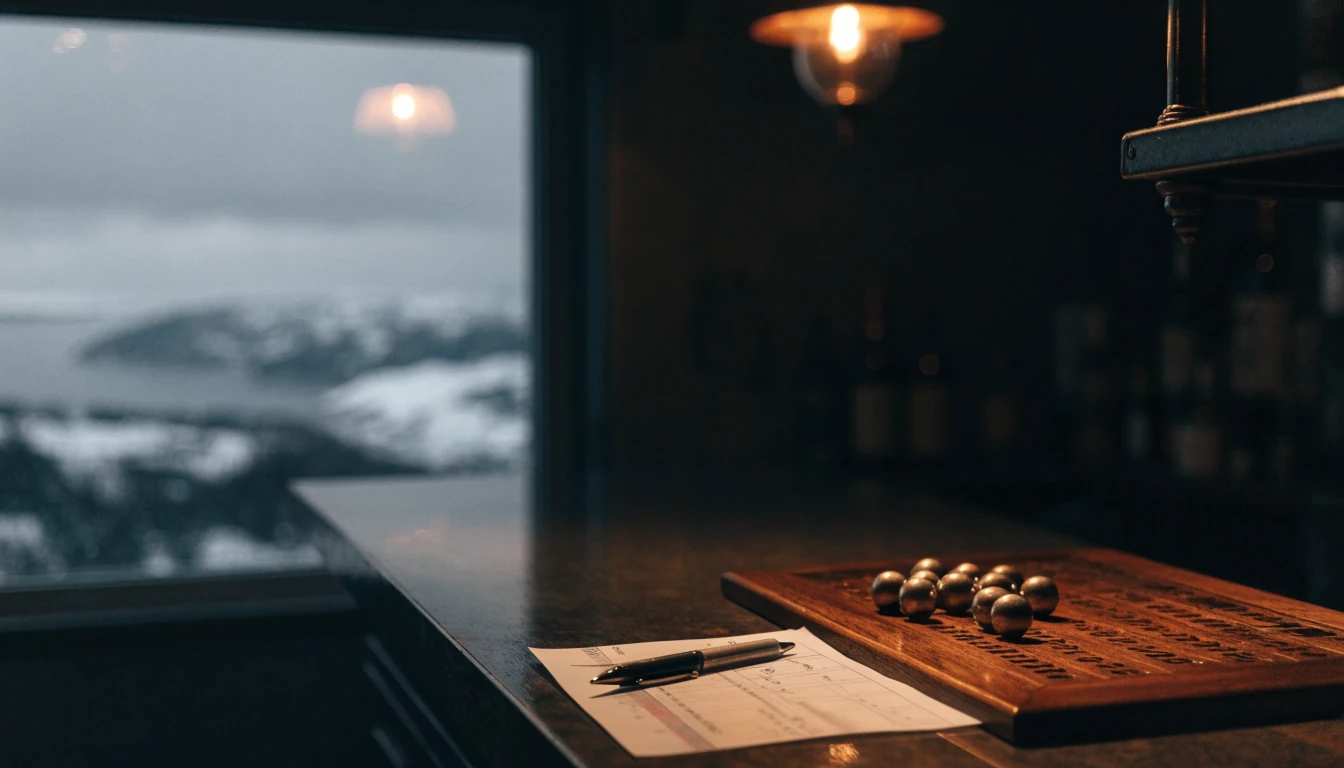 Keno-kupong og trekte kuler på en trebenk i norsk pub