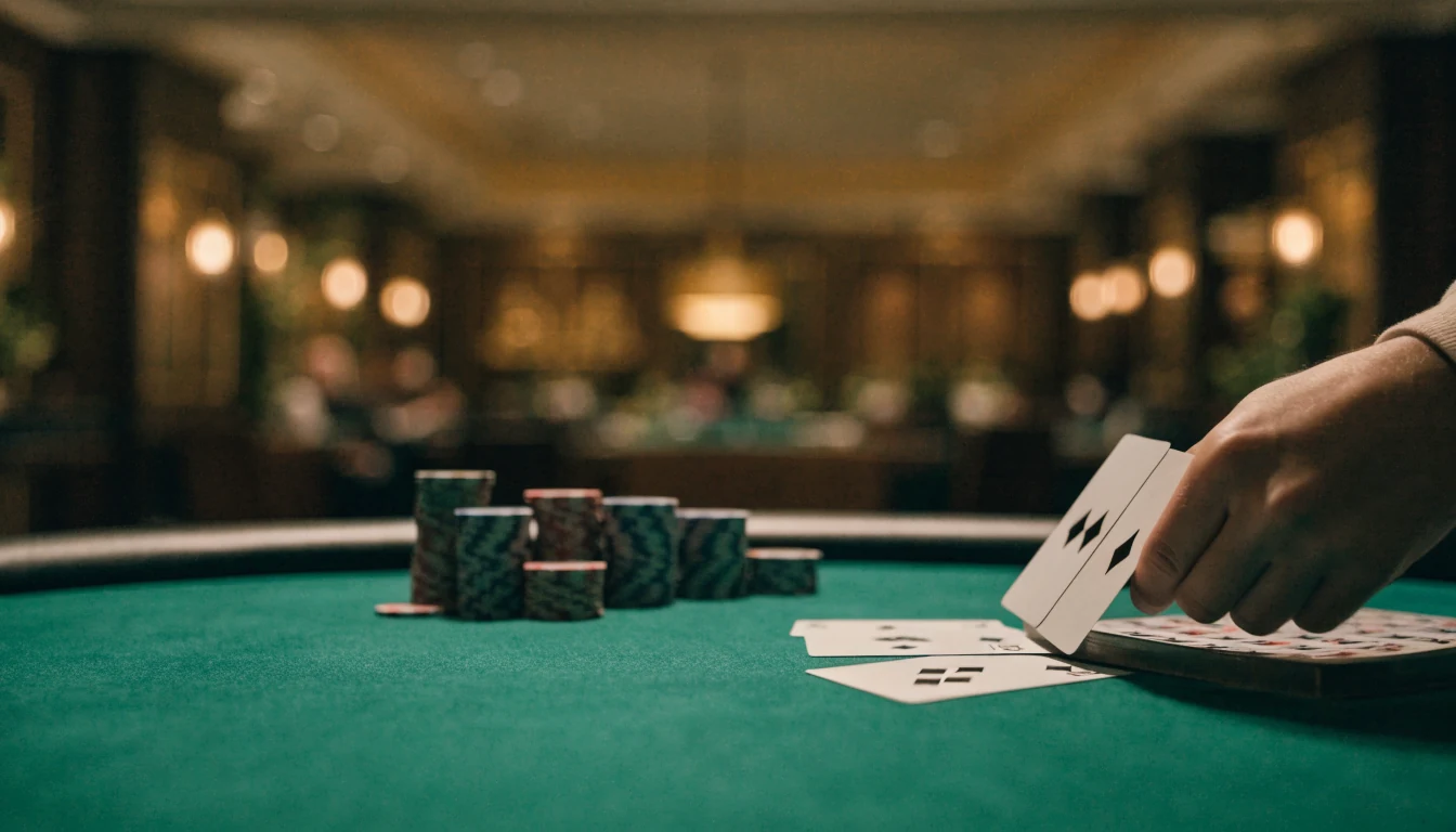 Blackjack-bord med sjetonger og kort, dealerens hånd deler ut spillkort i et elegant casino