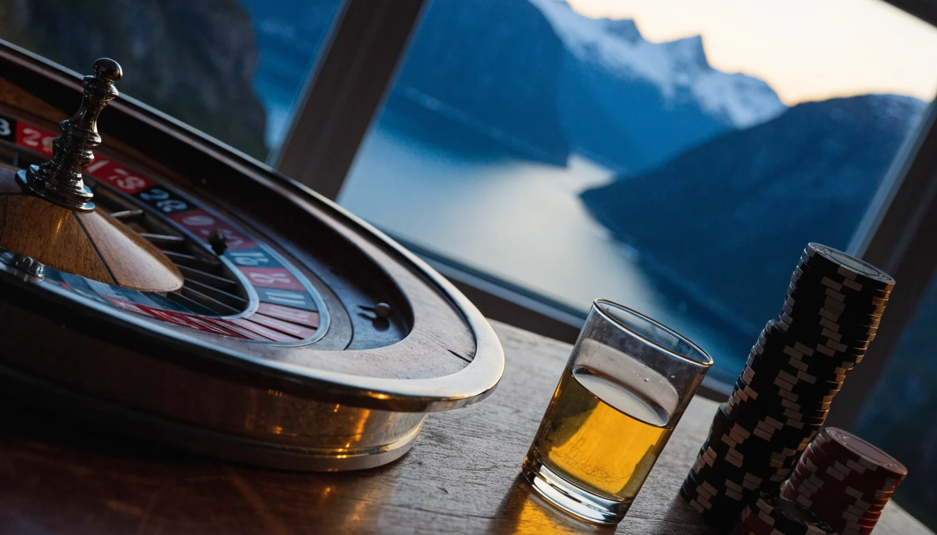 Roulettehjul medjetonger og akevitt på bord med fjord i bakgrunnen