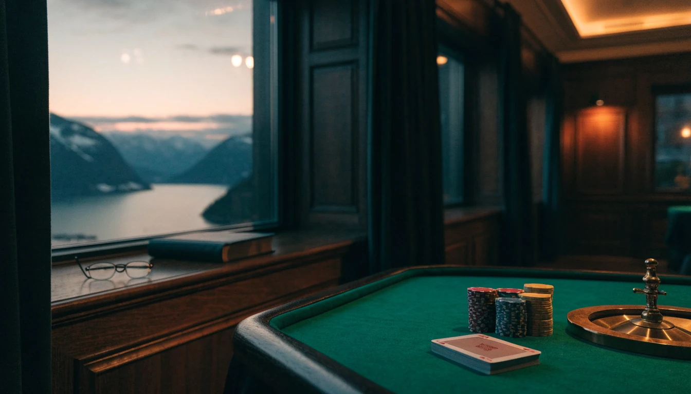 Stille casinobord med jetonger og rulett i norsk lounge