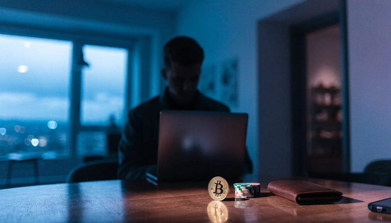 Bord med Bitcoin-mynt og kasinobrikker i moderne norsk lounge