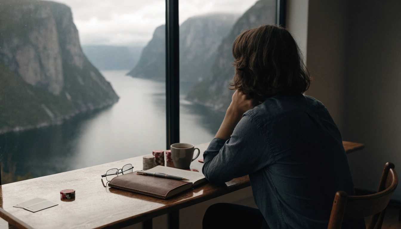 Person som vurderer casinotilbud ved skrivebord med utsikt over norsk fjord