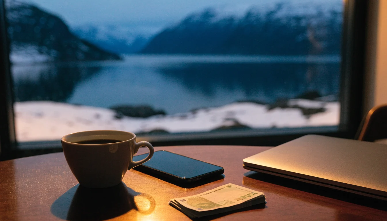 Koselig norsk stue med kaffe, telefon og lukket laptop ved skumring
