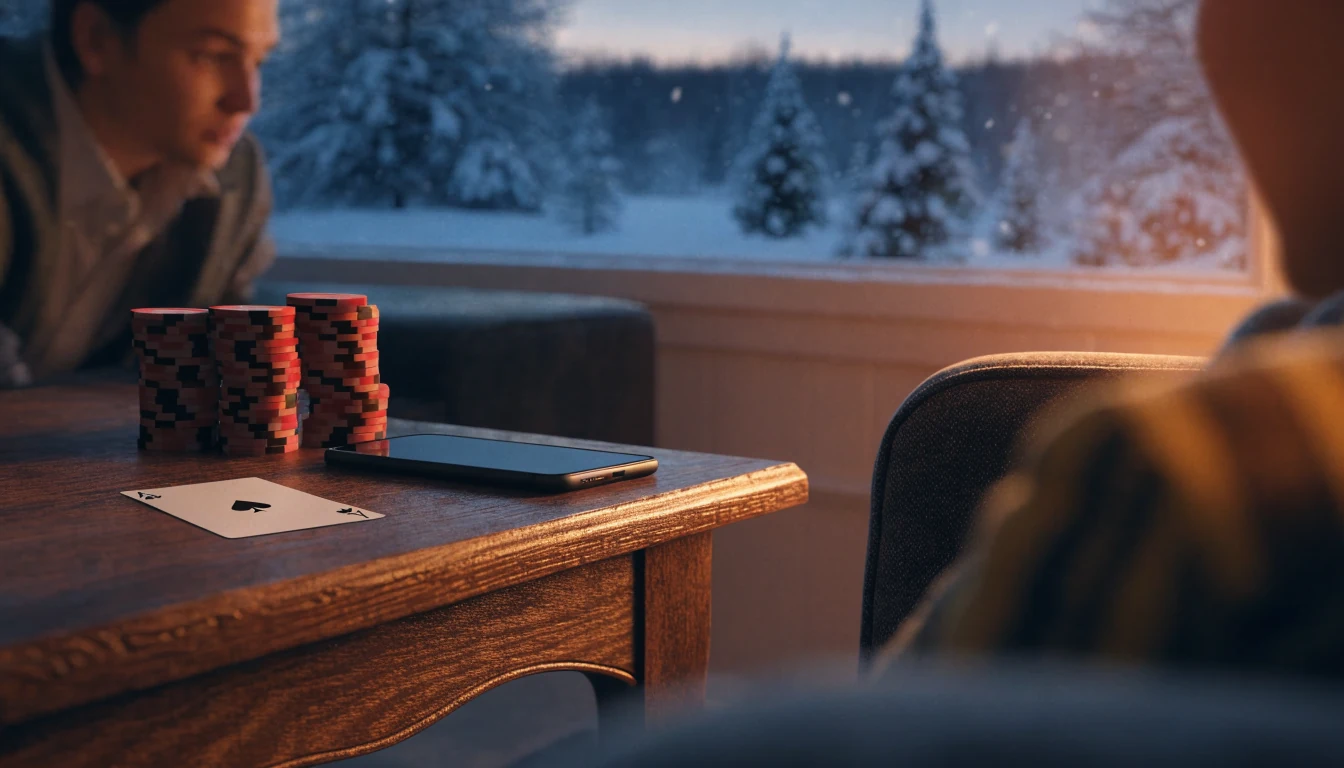Nettblackjack om kvelden i Norge: telefon, jetonger og ess på bordet ved snøvindu
