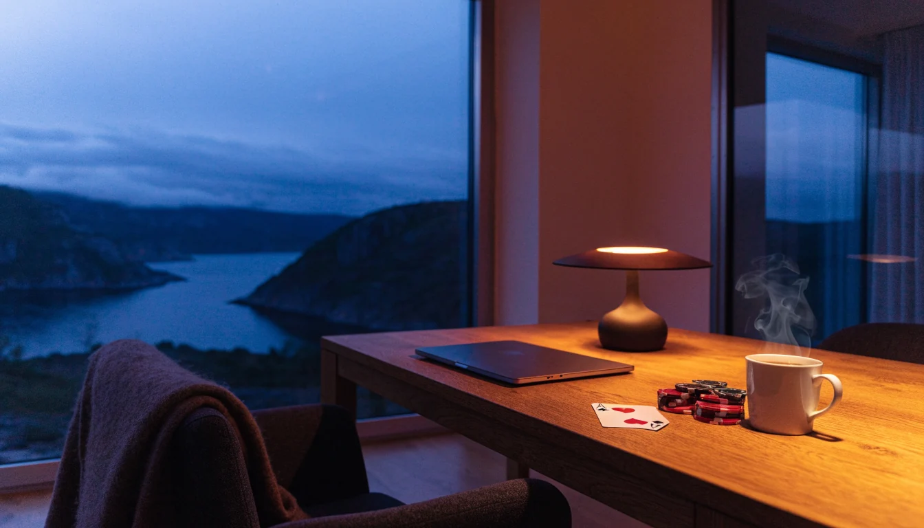 Moderne norsk stue med casinojetonger og spillkort på bord ved vindu med fjordutsikt i skumringen.
