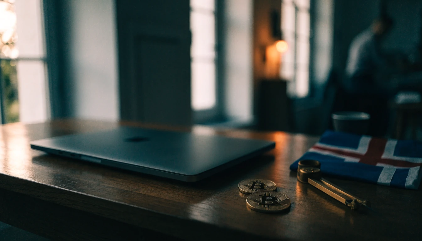 Skrivebord med kryptovaluta og norsk flagg i dempet belysning
