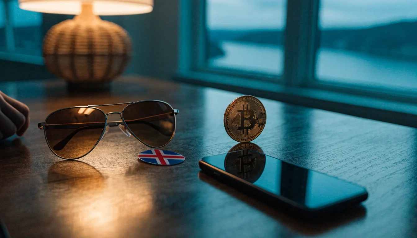 Bitcoin-mynt og telefon på norsk skrivebord