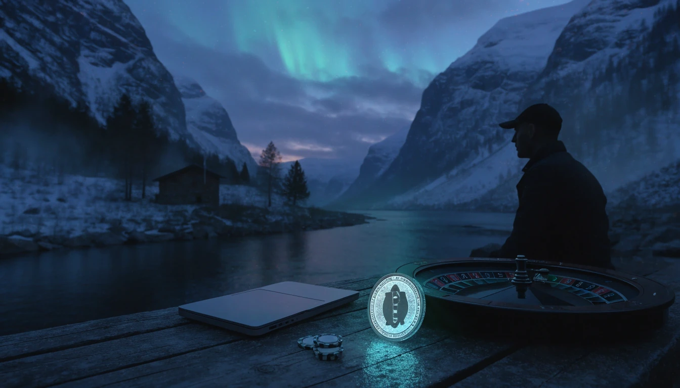 Dogecoin-mynt med kasinoutstyr i norsk fjordlandskap under skumring