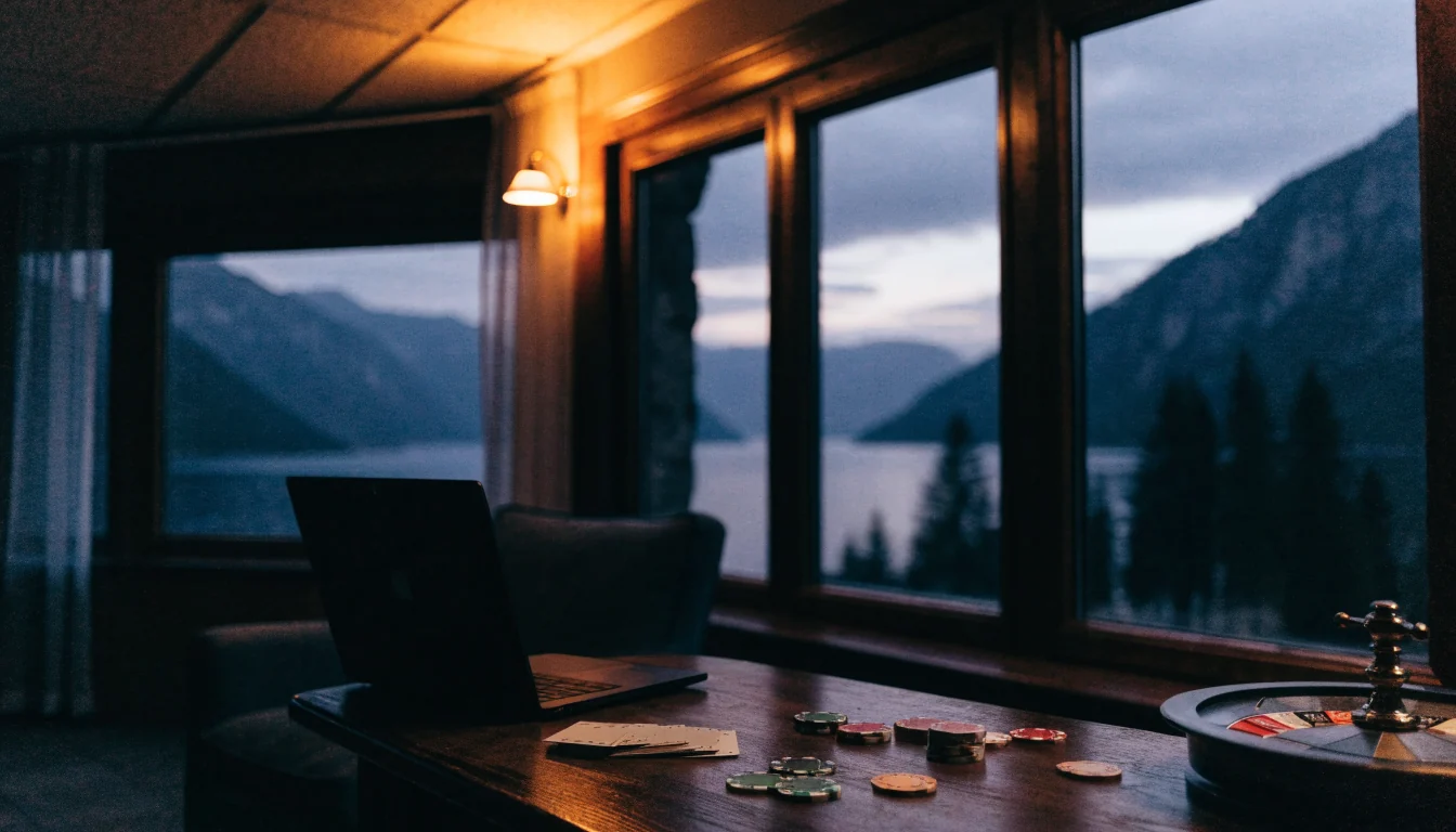 Norsk lounge med casinojetonger, kortstokk og lukket bærbar PC ved siden av utsikt over en fjord