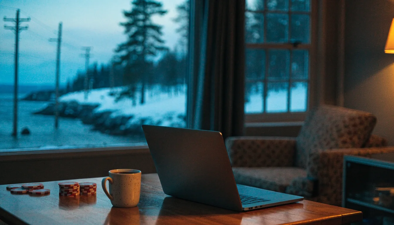 Stengt laptop på sofabordet i norsk stue med sjøutsikt og jetonger