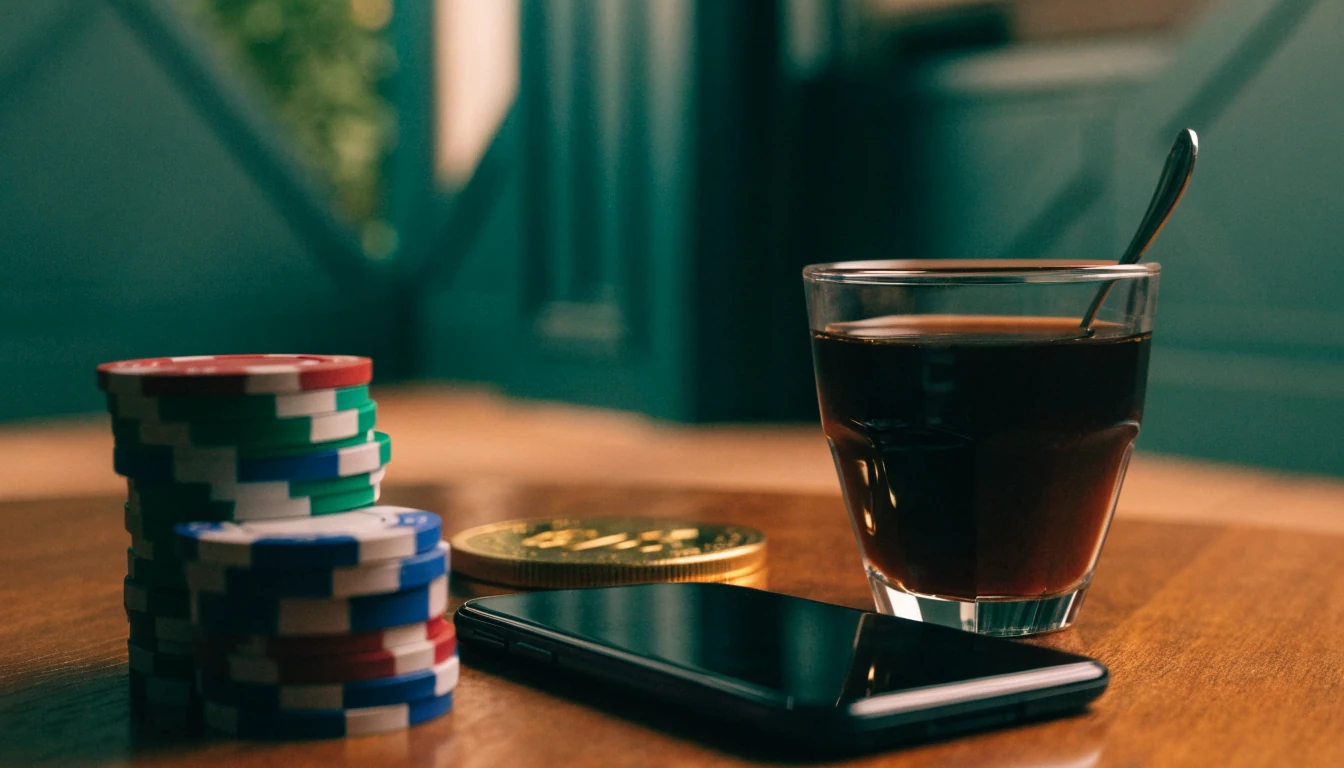 Casinojetonger og bonusmynt på et elegant norsk bord med telefon og kaffe.