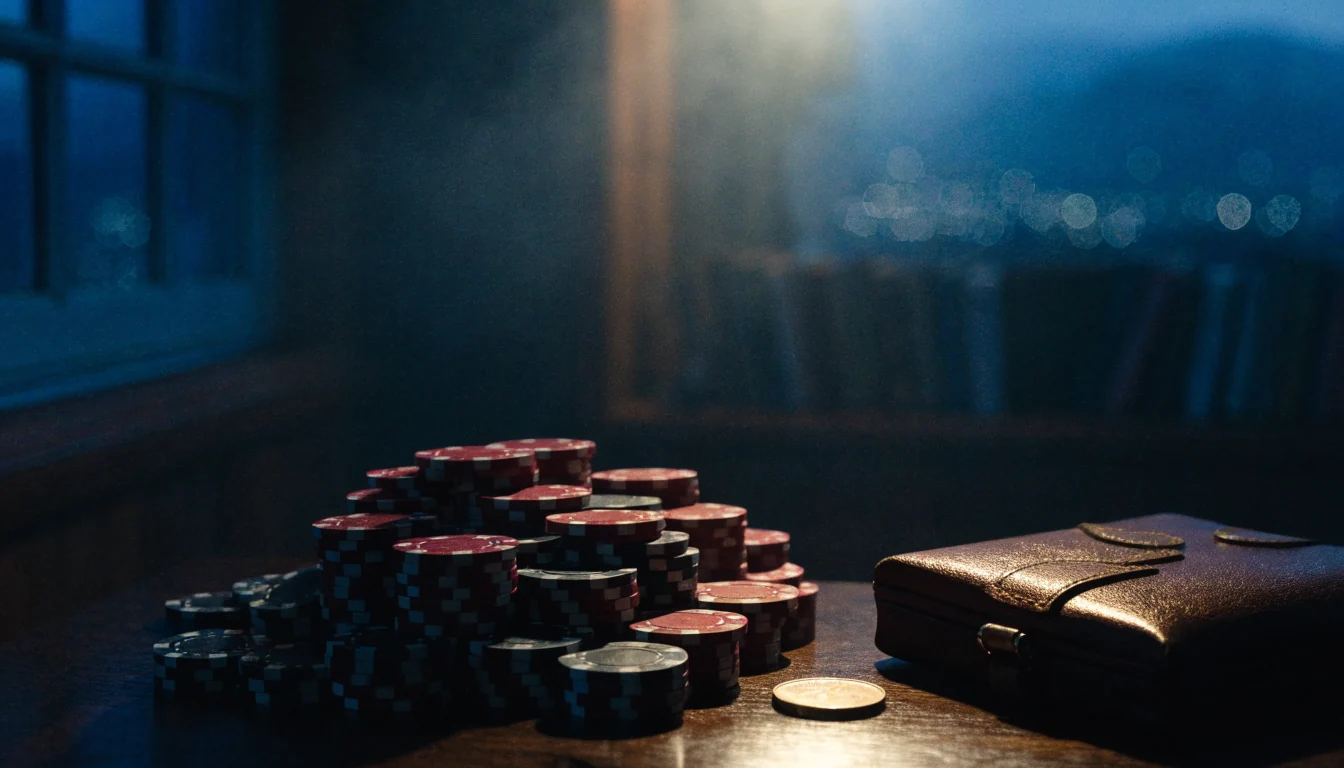 Stabel med casinokjetonger og gullmynt på mørkt trebord i dyp belysning