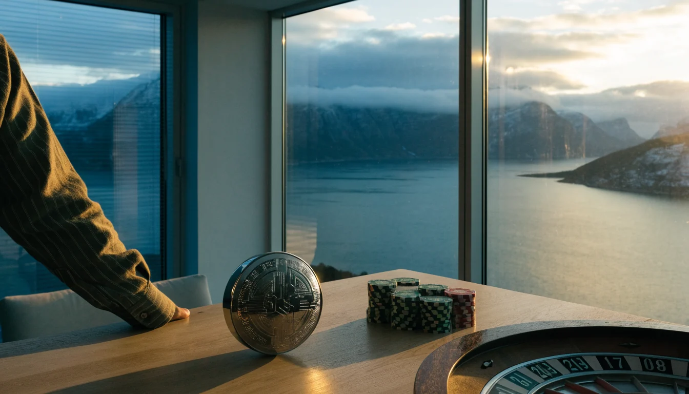 Sølv kryptomynt med casinobrikker på bord foran norsk fjordlandskap