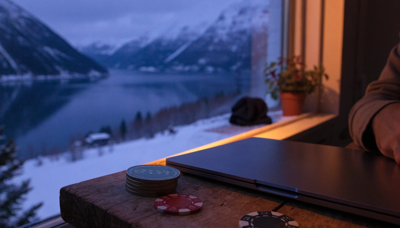 Laptop ved vindu med USDT-mynter og pokerjetonger i norsk vinterstemning