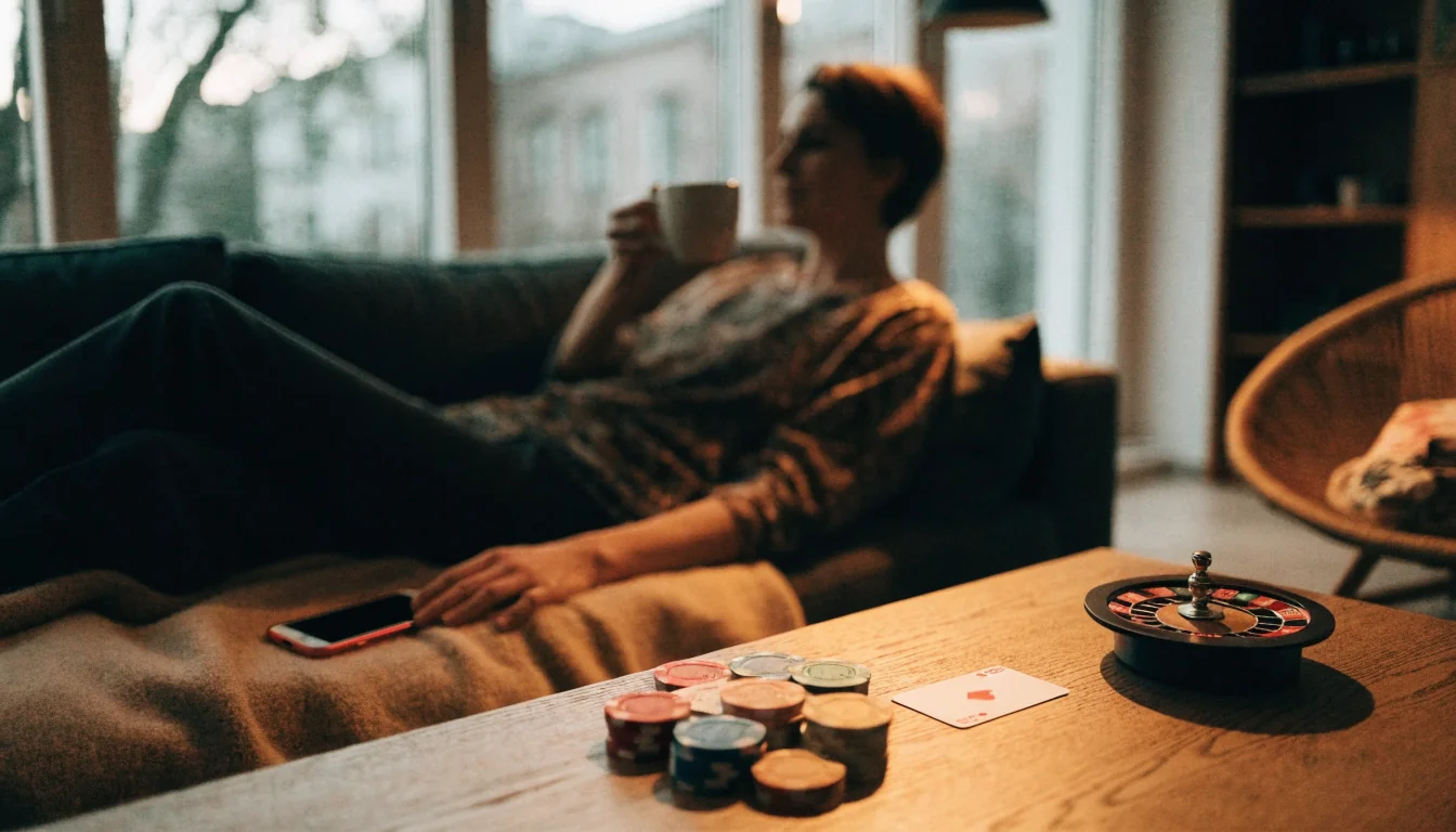 Norsk hjemmekveld med sjetonger, kort og rulett på bordet
