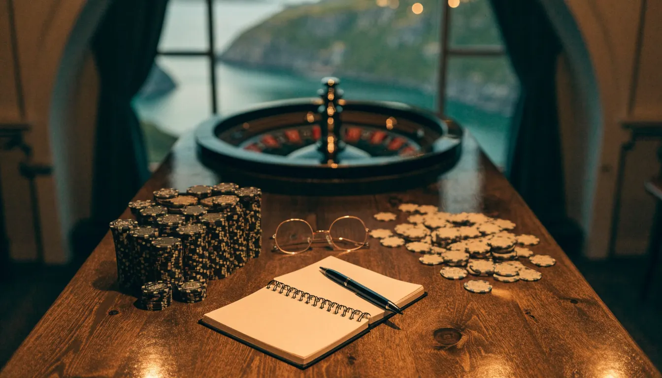 Spillebord med casinobrikker, notatbok og briller for evaluering av tilbud