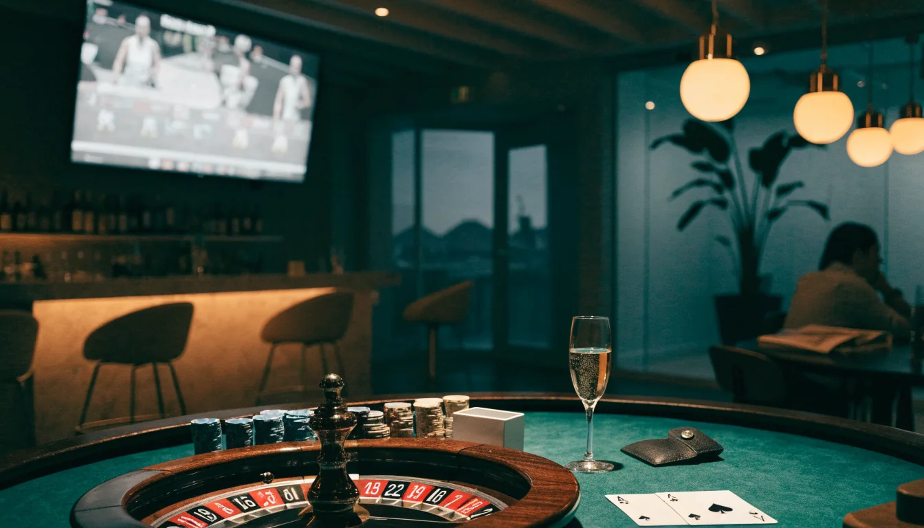 Moderne norsk casinospill-salong med rulettbord og champagne