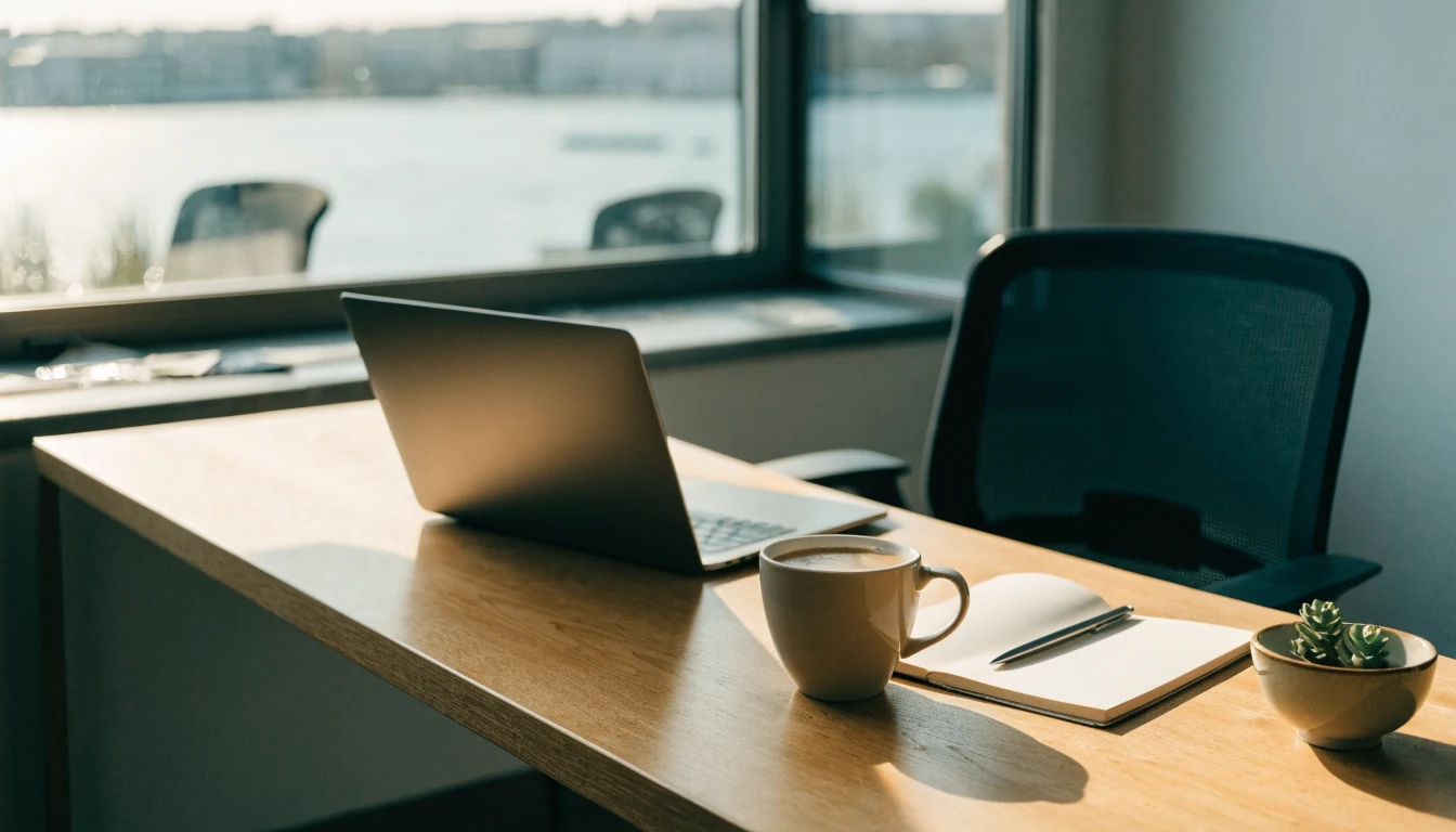 Skrivebord i et lyst kontor med bærbar PC, kaffekopp og notatbok ved vinduet