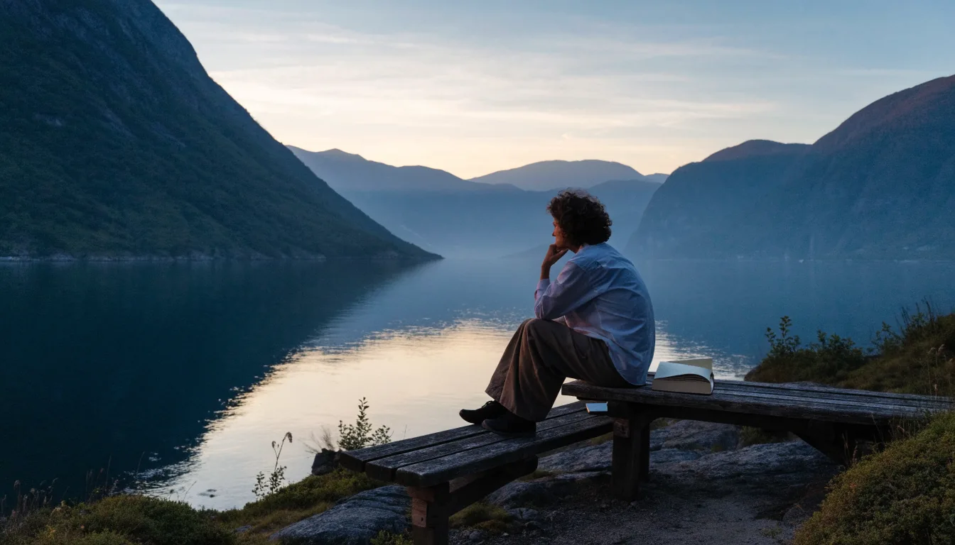 En person sitter på en benk ved en norsk fjord og tenker over ansvar
