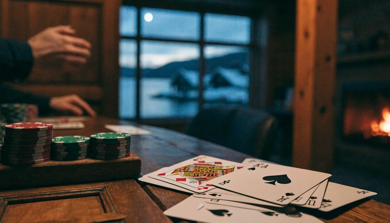 Blackjack-bord med kort og sjetonger i en norsk hytte