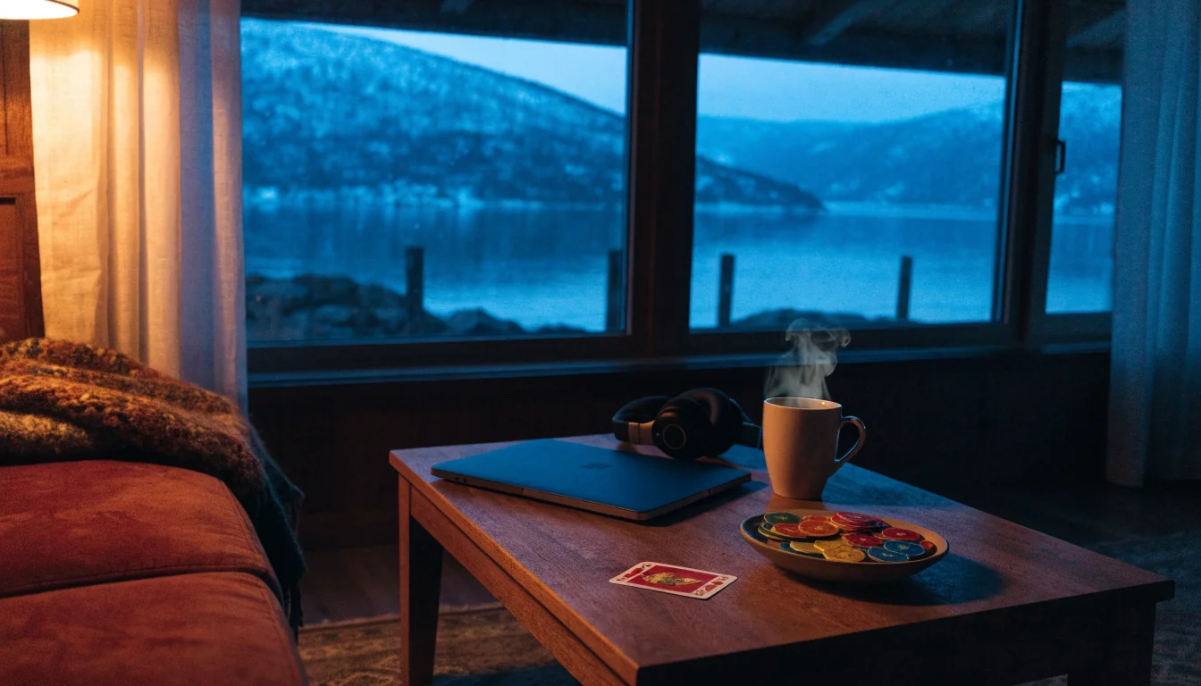 Koselig norsk stue med kveldslys, kaffekopp og lukket bærbar PC