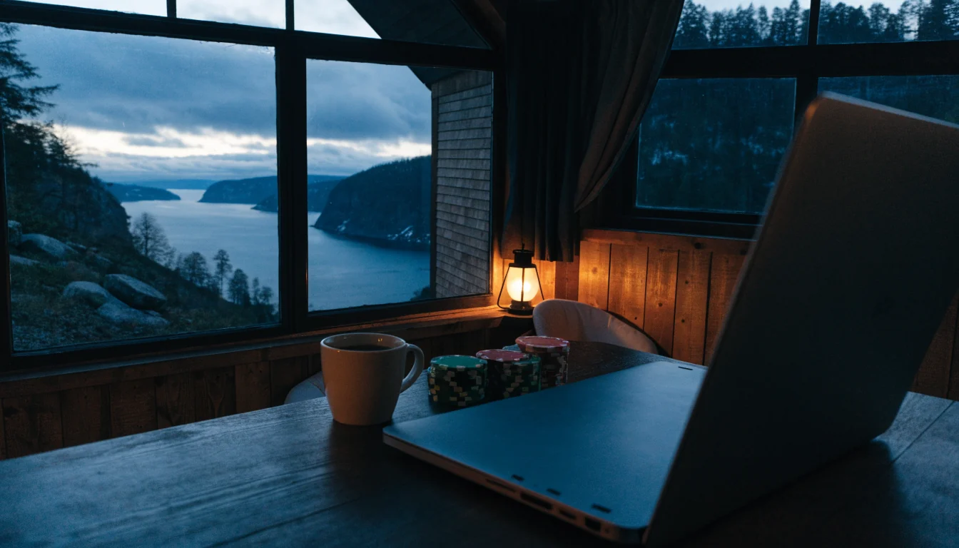 Norsk hytte ved fjord med pokerjetonger og lukket bærbar PC
