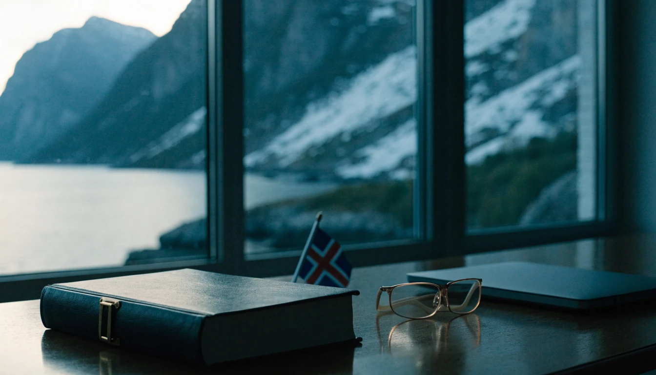 Lukket juridisk bok, norsk flagg og lukket laptop på bord med fjord i bakgrunnen