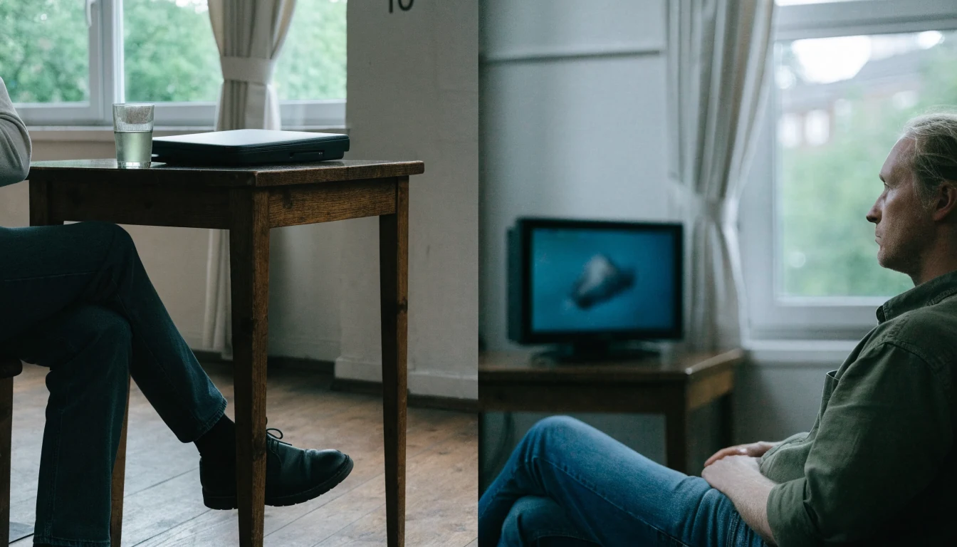 Lukket laptop og uskarpt fjernsyn i et rolig norsk kafévindu