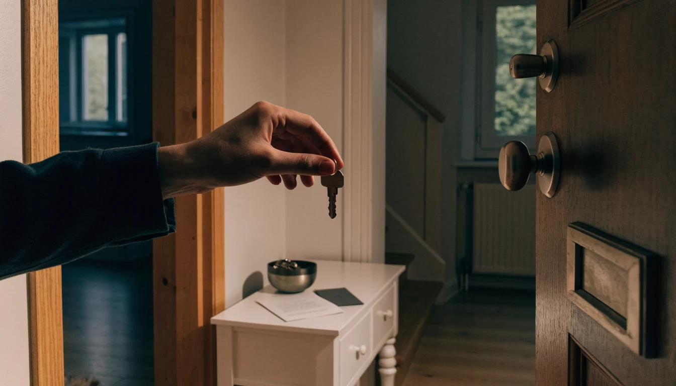 Hånd med husnøkkel ved en entré med brev og nøkkelskål