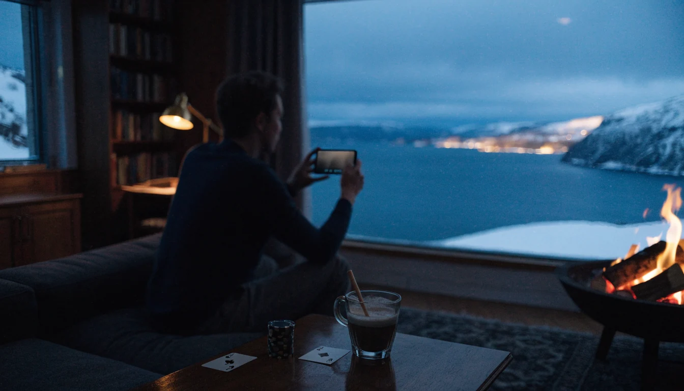 Person med telefon i norsk stue, pokerjetonger og kort på bordet