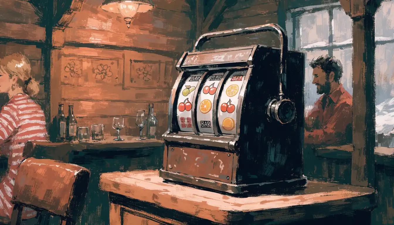 Klassisk trehjuls spilleautomat i en koselig norsk pub