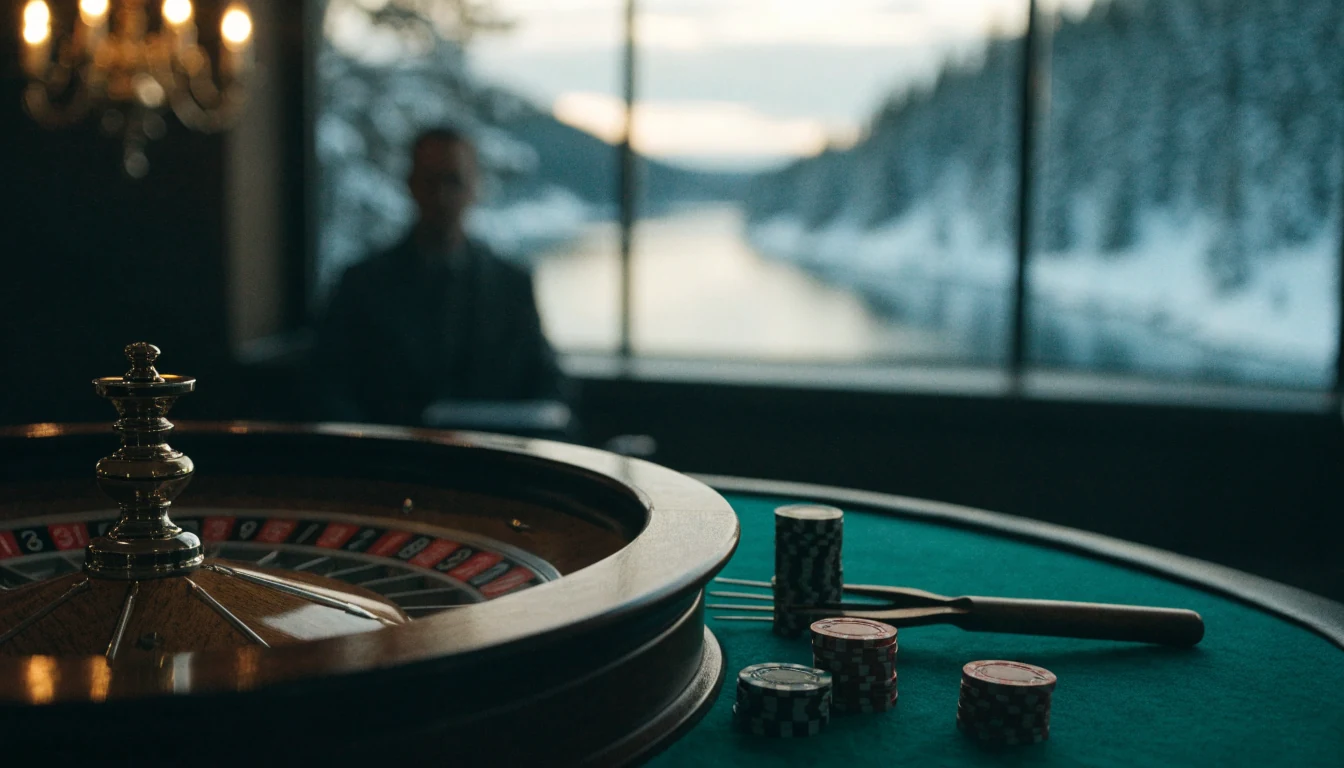 Elegant ruletthjul på casinobord med norsk fjord i bakgrunnen