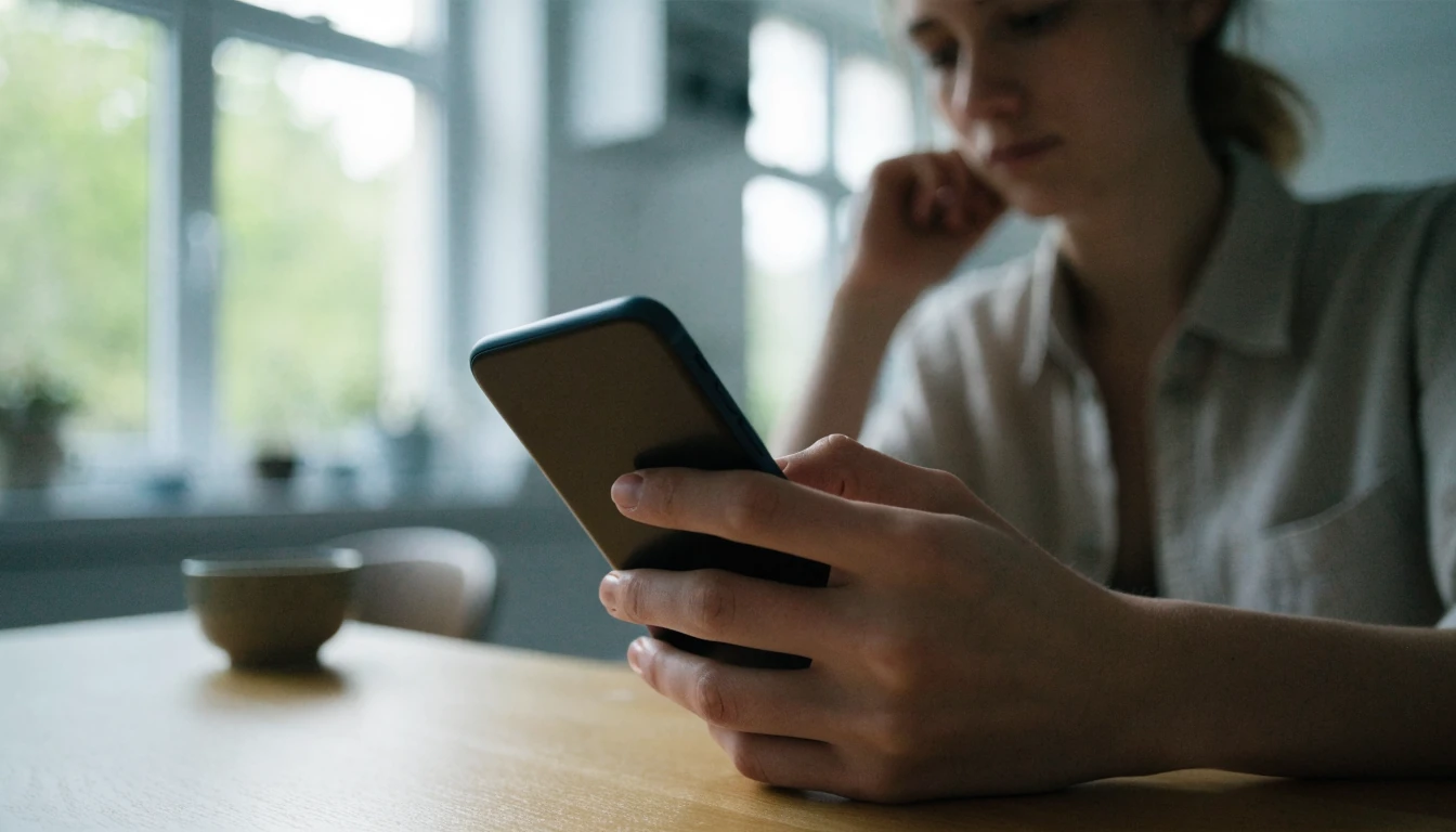 Person med smarttelefon i et moderne norsk hjem
