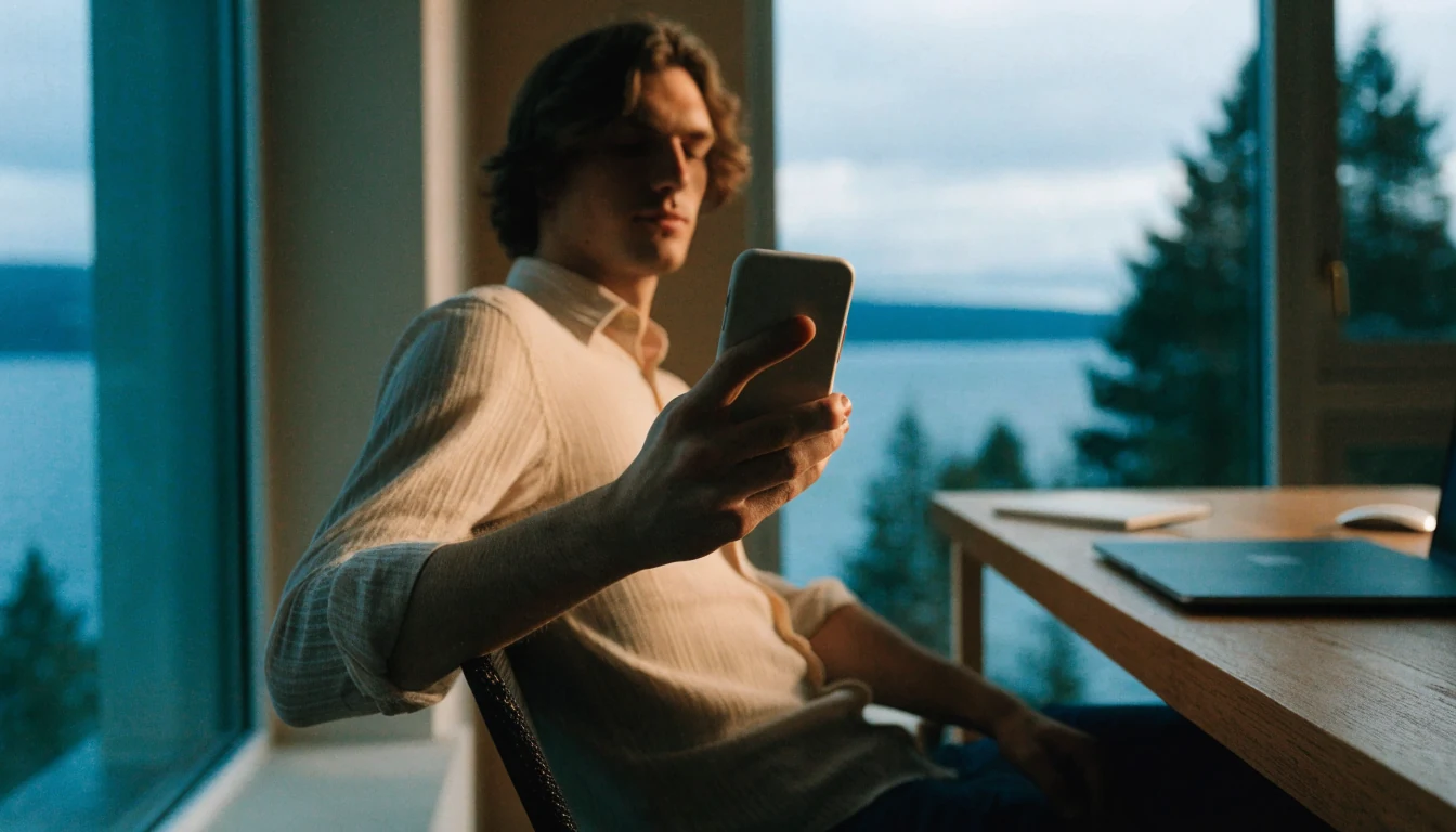 Mann med telefon ved skrivebord i moderne norsk hjem med utsikt over fjord