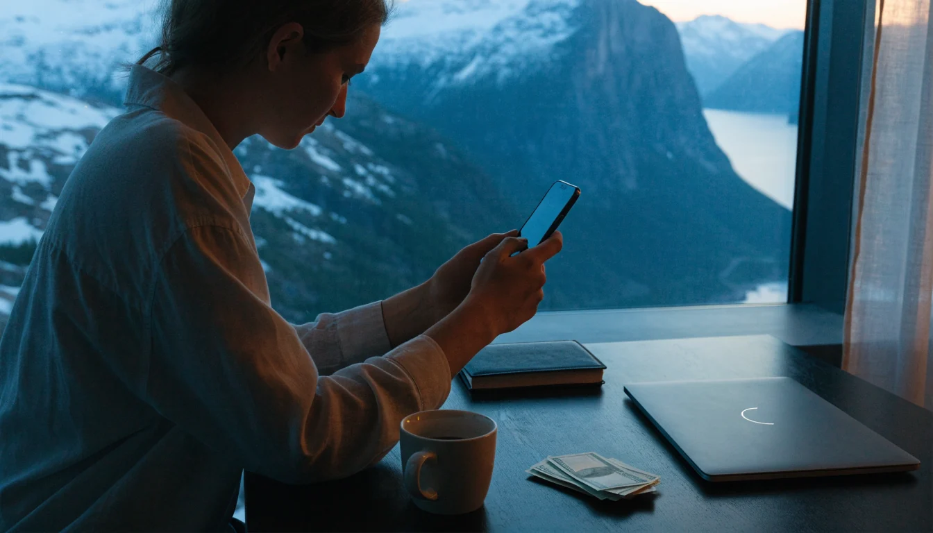 Person ved skrivebord med smarttelefon og norske kroner, fjord i bakgrunnen