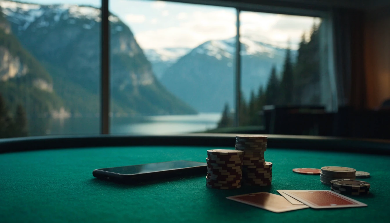 Smarttelefon med pokerjetonger og kort på casinobord, norsk fjord i bakgrunnen