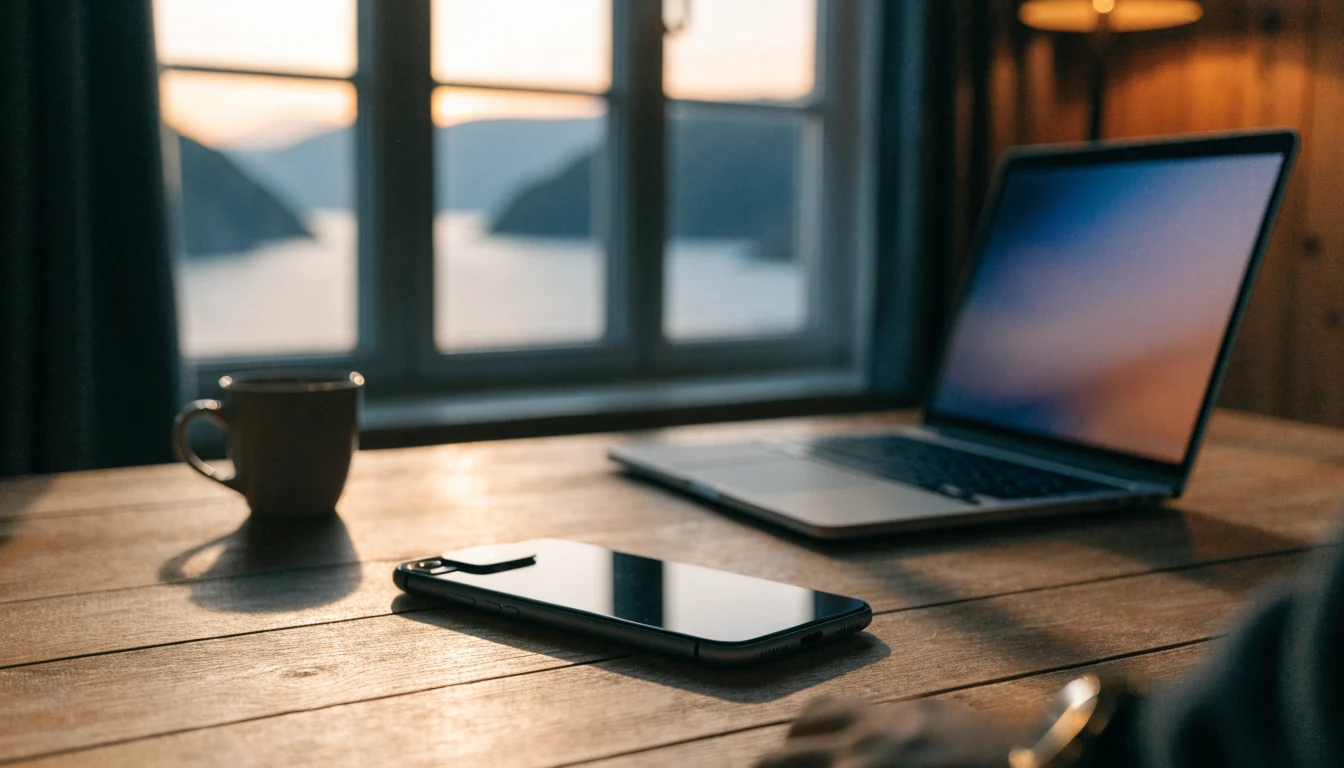 Smarttelefon og laptop på bord i norsk hytte med MiFinity-betaling