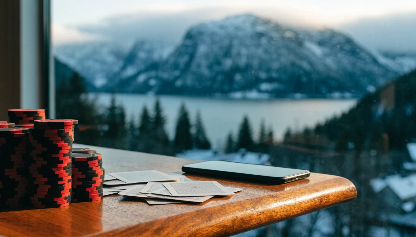 Casino med MuchBetter-betaling, brikker og norsk fjordutsikt