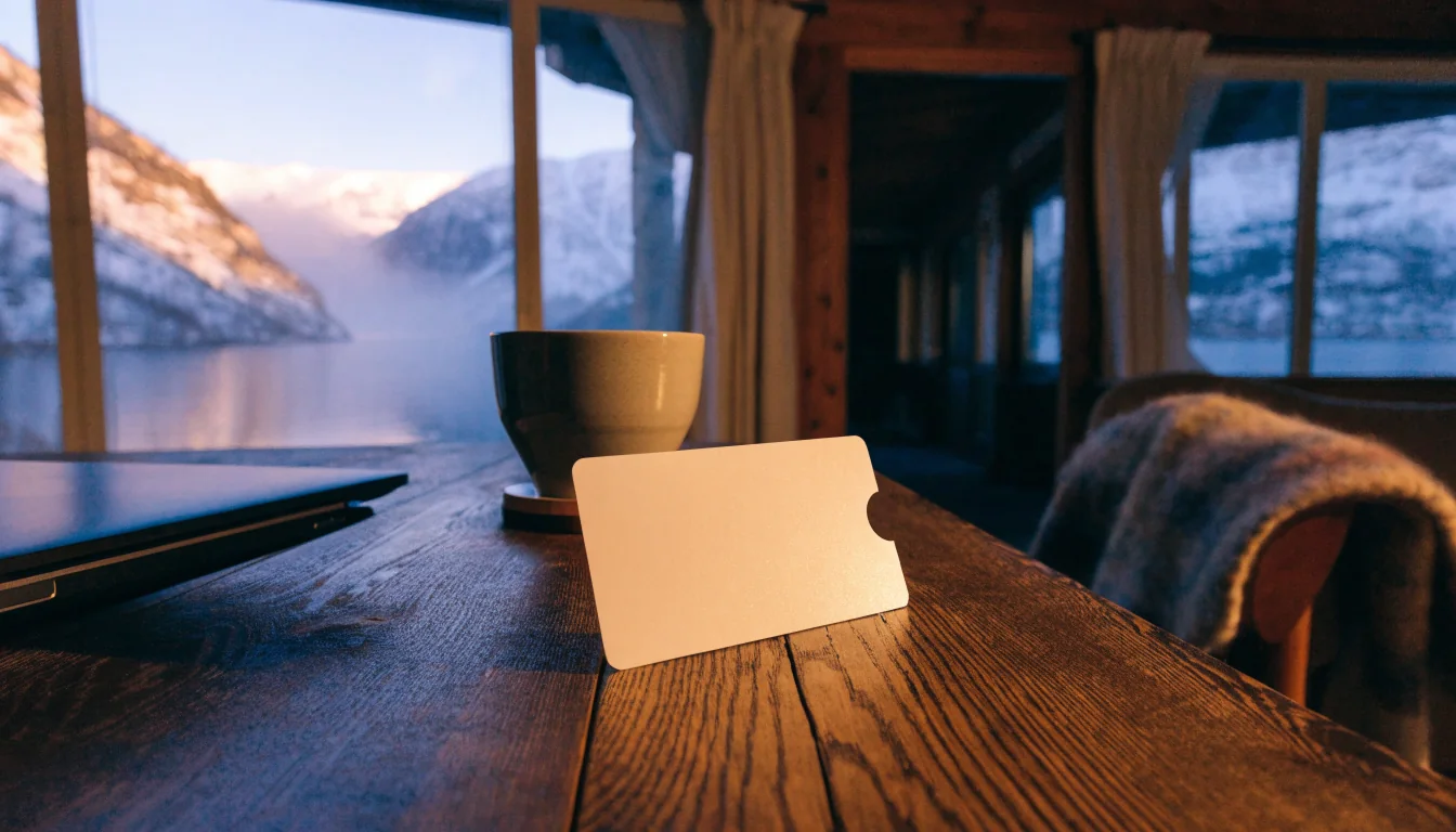 Generisk betalingskort og lukket laptop i norsk hytte med fjordutsikt