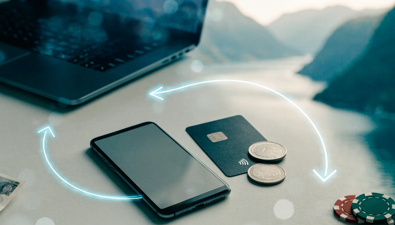 Illustrasjon av digital lommebok som overfører penger fra bank til nettcasino i Norge