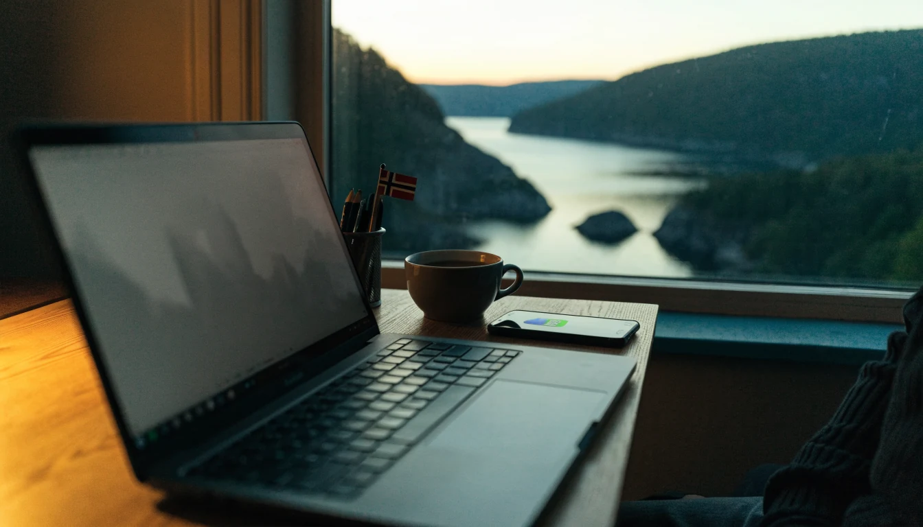 Norsk hjemmekontor med laptop og PayPal-ikon ved skrivebordet
