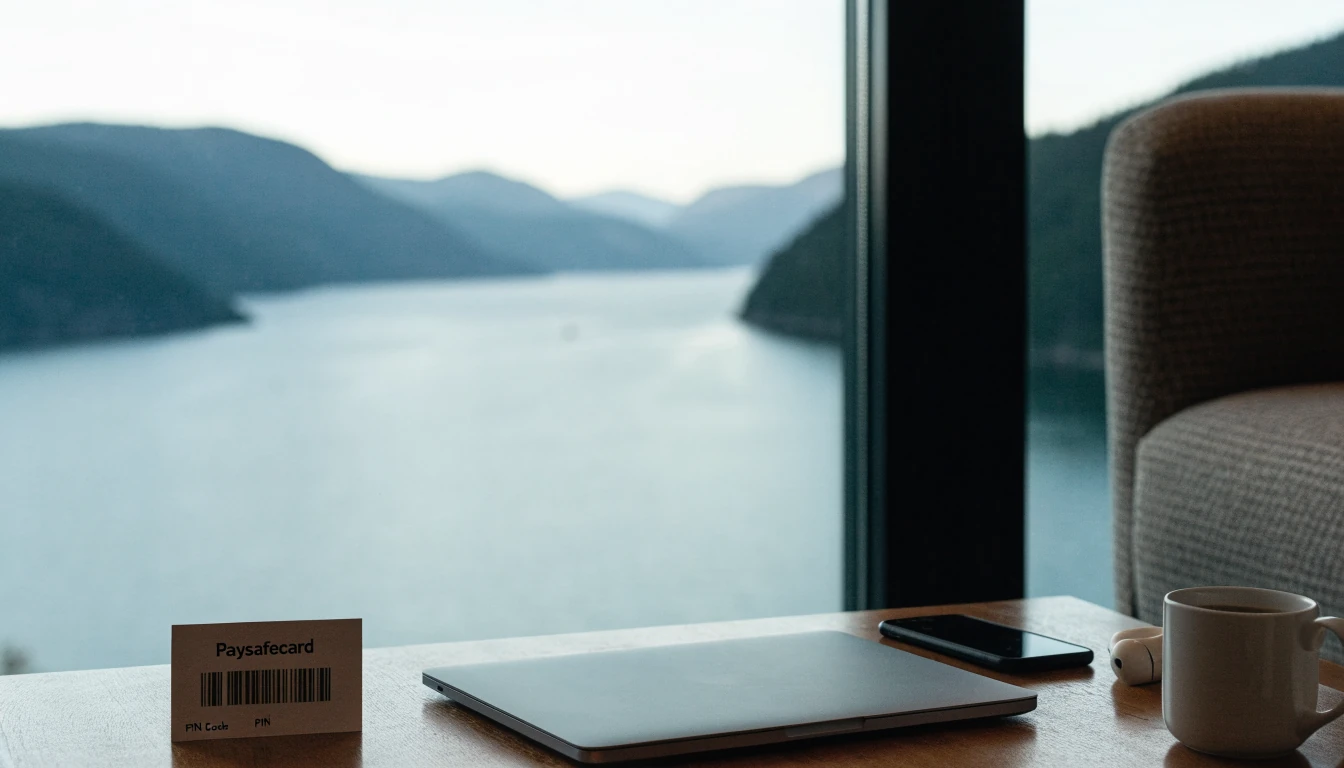 Paysafecard-kupong og lukket laptop på et norsk stuebord