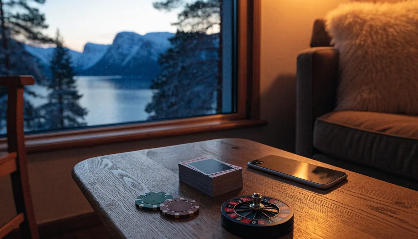 Norsk stue med pokerjetonger og kort på bordet, fjord i vinduet